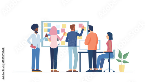 Diverse team of professionals collaborating and brainstorming ideas using sticky notes on a whiteboard in a modern office setting