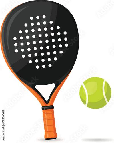 Close-up vector graphic showcasing the two main items needed for the sport: a perforated padel bat with a bright orange grip and a fuzzy padel/tennis ball in mid-air