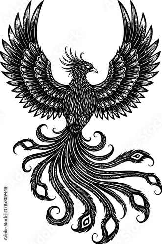 Phoenix bird tattoo design black and white mythical creature illustration eps silhouette