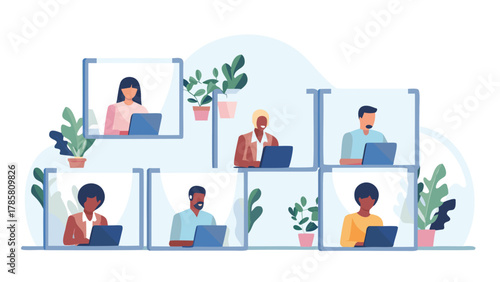 Diverse group of people working remotely on laptops in a video conference call with plants in the background