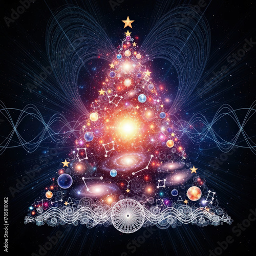 Futuristic, surreal Christmas Tree formed by stars and galaxies, symbolizing the cosmic celebration of light and connection.eps