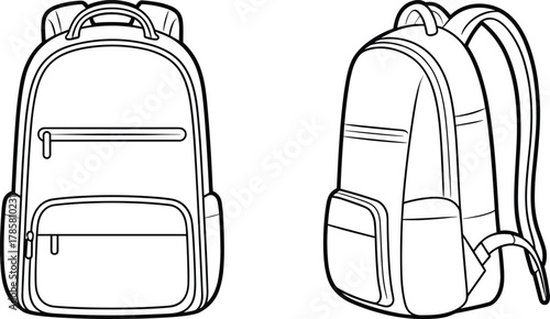 Technical backpack sketch, front and side view, zipper compartments, padded straps, ergonomic design, product illustration