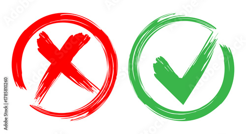Tick and cross brush signs,green check mark ok and red x icons