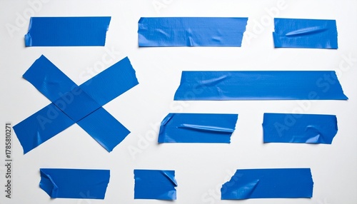 Blue tape strips arranged on white surface, featuring a prominent X shape and varied textures.