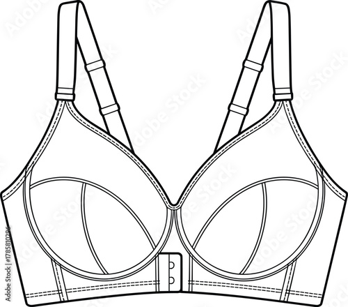Technical bra drawing, structured lingerie sketch, adjustable straps, front hook closure, fashion illustration