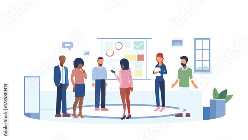 Diverse group of professionals collaborating in a modern office space discussing business strategy and data analysis on a whiteboard