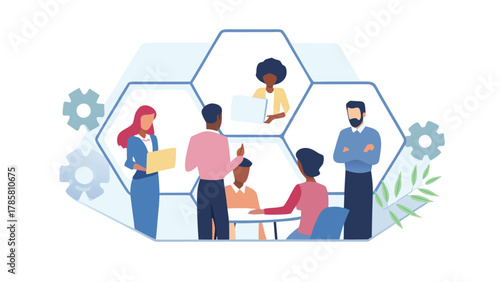 Diverse team of professionals collaborating in a modern office environment with hexagonal design elements and gears symbolizing teamwork and efficiency