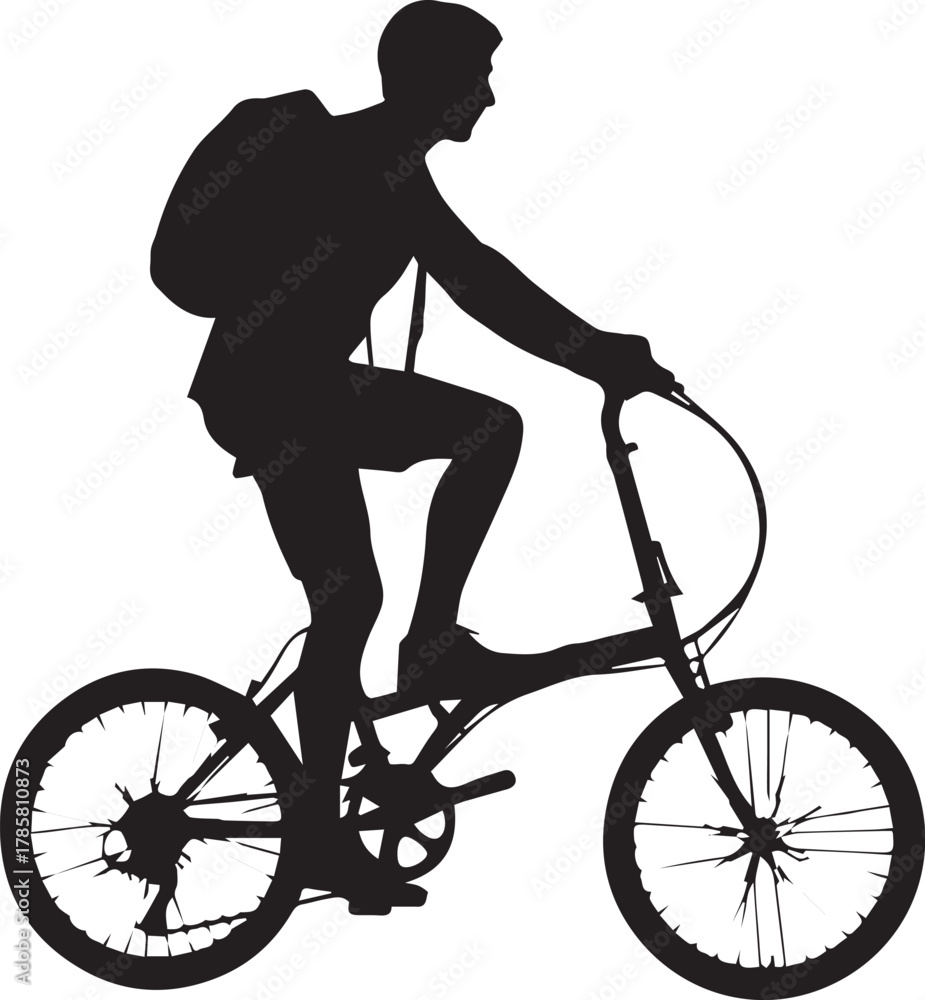 Fototapeta premium Silhouette of a person riding a folding bicycle with a backpack