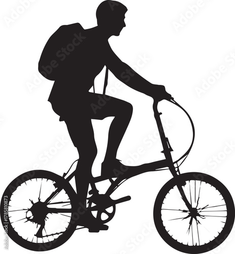 Silhouette of a person riding a folding bicycle with a backpack