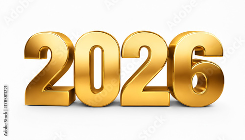 elegant 3d metallic golden 2026 numbers symbolizing the new year, standing on a clean reflective white surface.