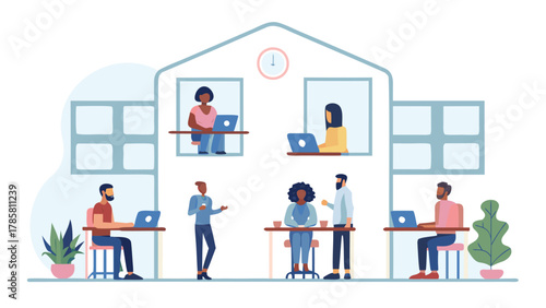 Diverse group of people working together in a modern office space with laptops and plants