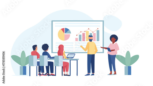 Diverse team in a modern office attends a business presentation with charts and graphs displayed on a large screen