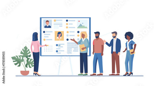Diverse group of people gathered around a presentation board displaying candidate profiles for review and discussion