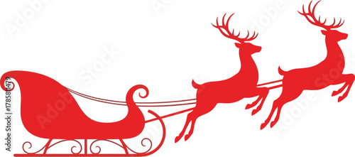 Red silhouette of santa's sleigh being pulled by two reindeer on white background