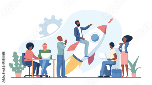 Diverse team collaborating on a successful business launch with a rocket symbolizing growth and innovation