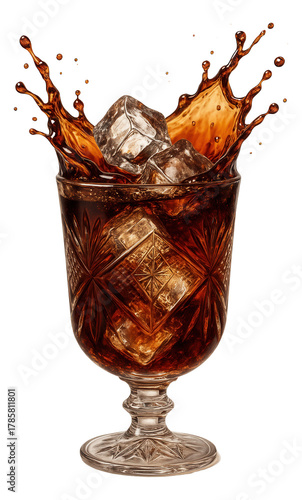 A vintage, etched glass with a stack of ice cubes and a splash of cherry cola