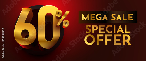 Golden 60 discount special offer with Mega Sale text on a luxurious dark red background. Ideal for promotions and advertising banners. Vector illustration