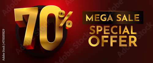 Golden 70 discount special offer with Mega Sale text on a luxurious dark red background. Ideal for promotions and advertising banners. Vector illustration