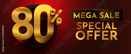 Golden 80 discount special offer with Mega Sale text on a luxurious dark red background. Ideal for promotions and advertising banners. Vector illustration