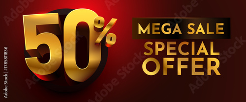 Golden 50 discount special offer with Mega Sale text on a luxurious dark red background. Ideal for promotions and advertising banners. Vector illustration