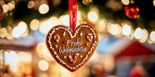 Traditional German heart-shaped gingerbread cookie with icing and “Frohe Weihnachten” text (Merry Christmas in German), hanging at a Christmas market