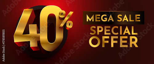 Golden 40 discount special offer with Mega Sale text on a luxurious dark red background. Ideal for promotions and advertising banners. Vector illustration