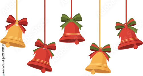 Festive christmas bells with bows and snowflakes hanging on a white background