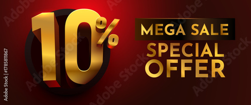 Golden 10 discount special offer with Mega Sale text on a luxurious dark red background. Ideal for promotions and advertising banners. Vector illustration