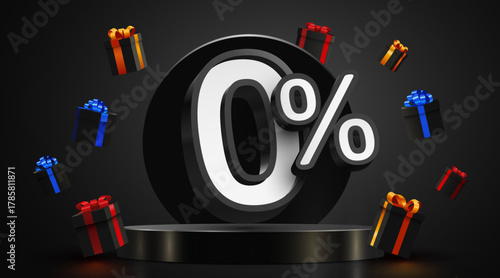 Stunning 0 discount promotion with elegant gift boxes on a dark background. This eye-catching graphic is perfect for special offers and sales events. Vector illustration