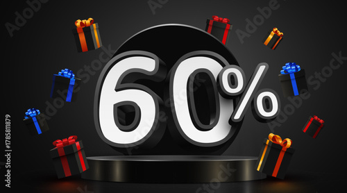Dynamic 60 Percent Discount Promotion with Flying Gift Boxes on a dark elegant background. Vector illustration