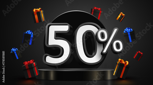 Dynamic 50 Percent Discount Promotion with Flying Gift Boxes on a dark elegant background. Vector illustration