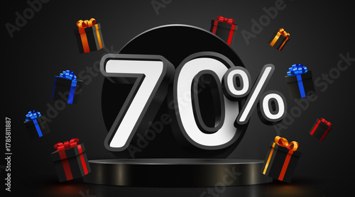 Dynamic 70 Percent Discount Promotion with Flying Gift Boxes on a dark elegant background. Vector illustration