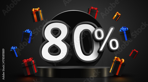 Dynamic 80 Percent Discount Promotion with Flying Gift Boxes on a dark elegant background. Vector illustration