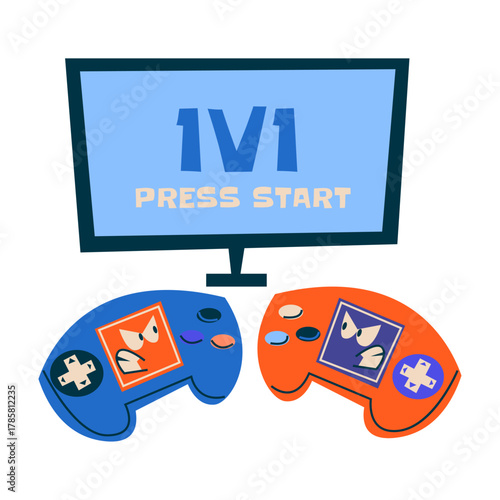 Player versus player gaming concept showing a 1v1 challenge screen and two game controllers