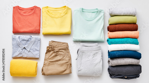 Pile de vêtement sur fond blanc vue du dessus