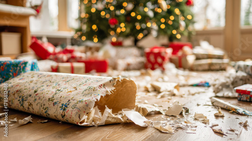 Christmas morning gift unwrapping aftermath on floor