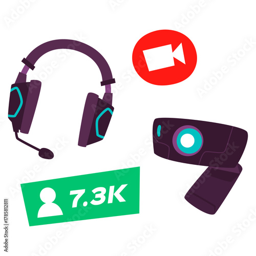 Gaming headset, webcam, and follower count graphic for live streaming and online content creation
