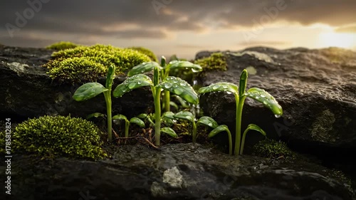 seedling and moss push through rock crevice. sprout and plant absorb water for growth. soil packed inside crevice supports seedling sprout. nature pattern of moss and rock under cloudy sky dawn.