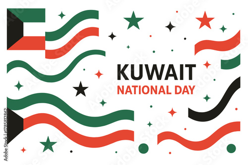 Kuwait National Day Celebration Banner with Flag Colors and Festive Elements