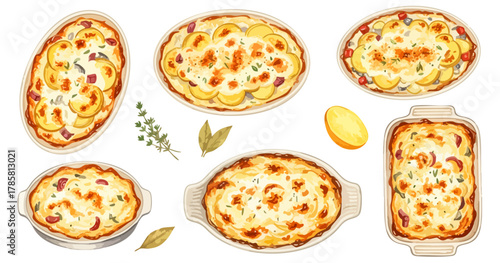 グラタン・ポテトグラタンイラストセット,ドリア,洋食,耐熱皿,家庭料理,冬,水彩