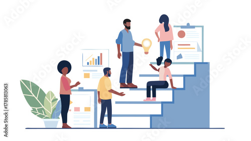 Diverse team collaborating on a project discussing ideas and progress on a staircase with charts and a lightbulb symbolizing innovation and success