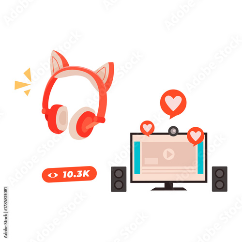 Live streaming setup with headphones and computer monitor showing a video with likes