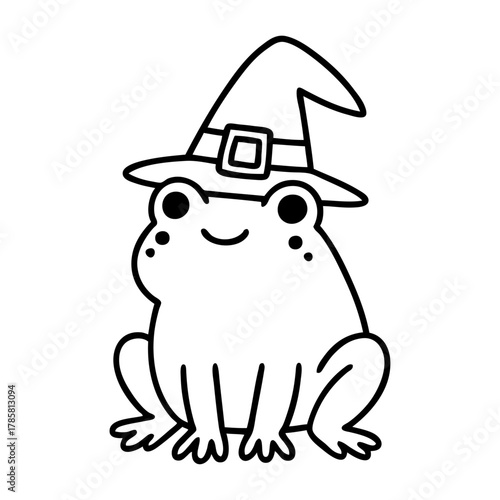 Dibujo sencillo con líneas de rana simpático con sombrero de bruja para tarjetas y felicitaciones de Halloween 
