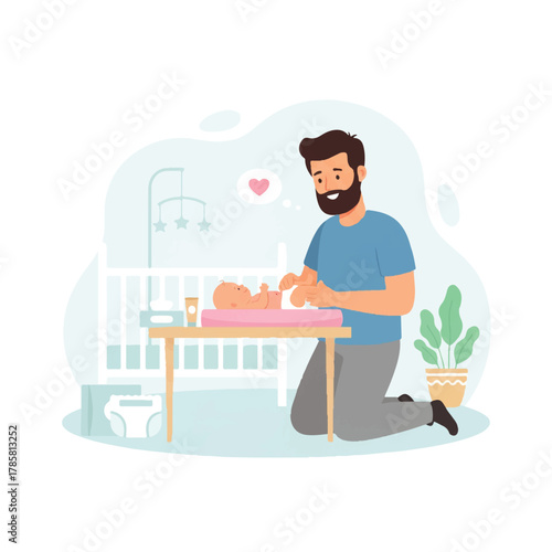 Father changing baby's diaper on changing table with crib and plant in background.