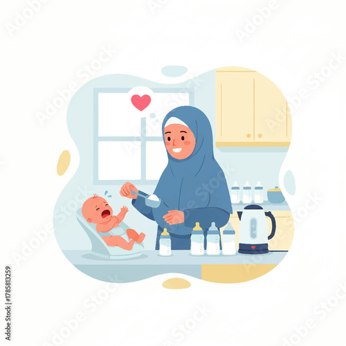 Illustration of a Muslim mother preparing a bottle for her crying baby.