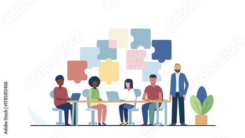 Diverse team collaborating on a project with puzzle pieces symbolizing teamwork and problem solving in a modern office setting