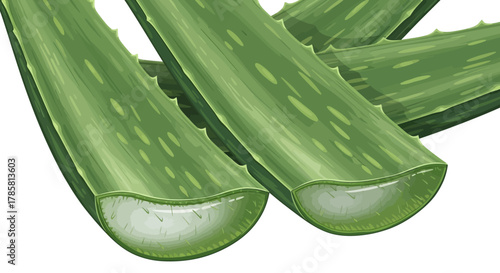 Close-up of sliced aloe vera leaves showing the clear gel inside, used for medicinal and cosmetic purposes.