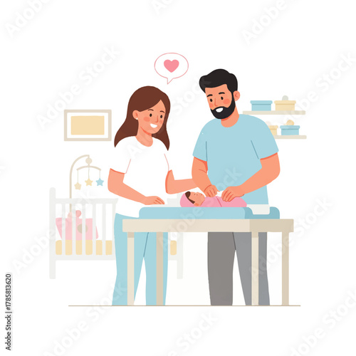 Parents changing baby's diaper on changing table in nursery room.