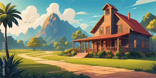 Charming wooden country house surrounded by lush green fields and distant mountains, peaceful rural landscape illustration.
