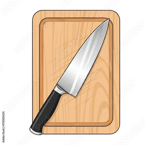 A professional chef's knife resting diagonally on a wooden cutting board, ready for culinary tasks